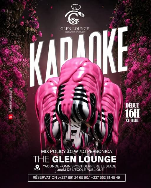 Affiche du Jeudi Karaoké — « KARAOKE » sur un micro rose fondu entouré de bougainvilliers, mix policy DJ W et DJ Personica