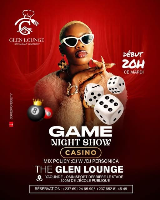 Affiche du Game Night Show Casino — dés, boule de billard couronnée et rideau rouge, mix policy DJ W et DJ Personica
