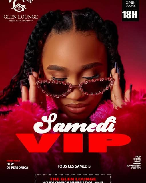 Affiche du Samedi VIP — lunettes de soleil serties de strass et boa rose, « tous les samedis », sound policy DJ W et DJ Personica